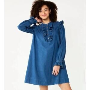 Draper James Ruffle Denim Shift Dress Women Size S Blue‎ Chambray Long Sleeve